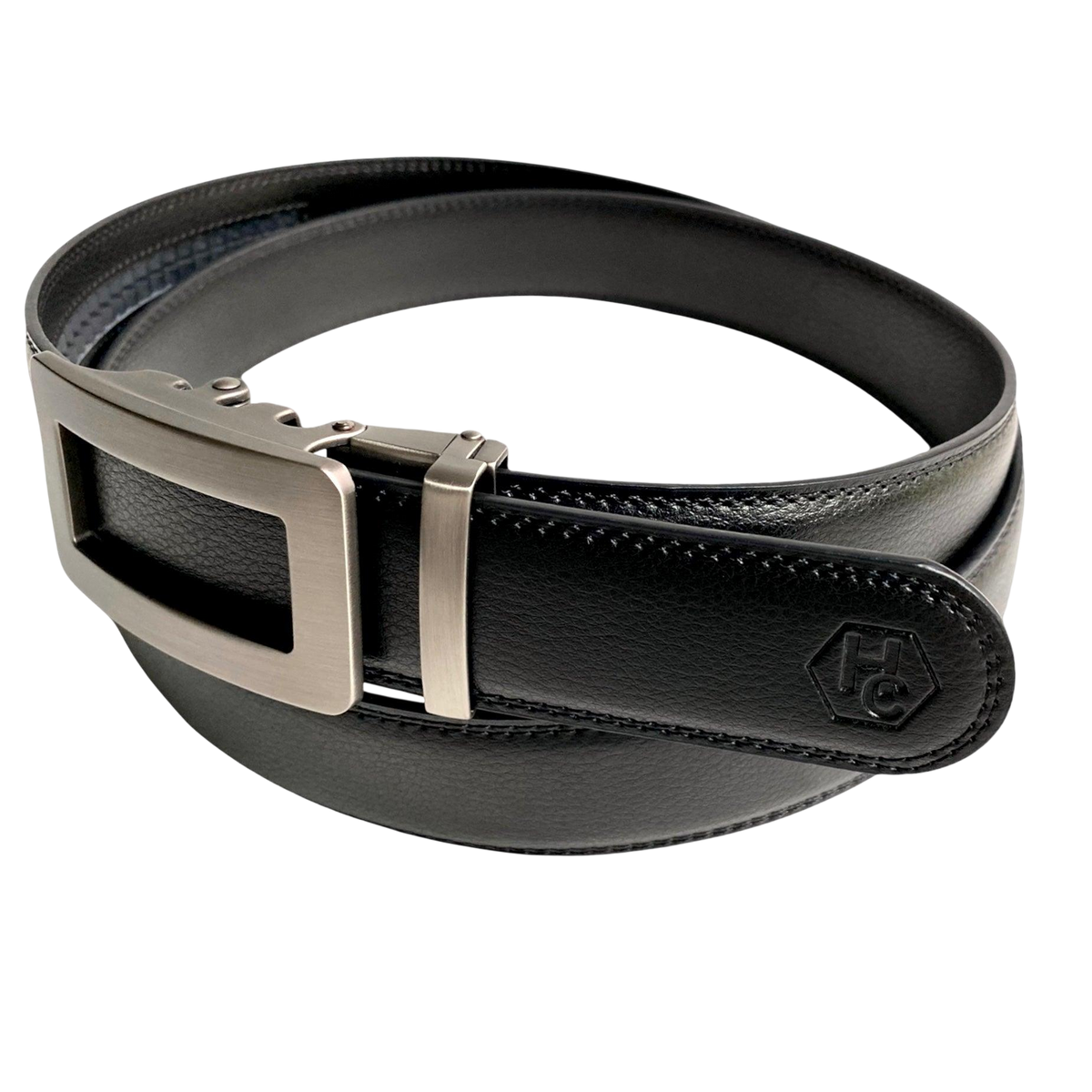 Black leather casual ratchet belt, strap texture close-up
