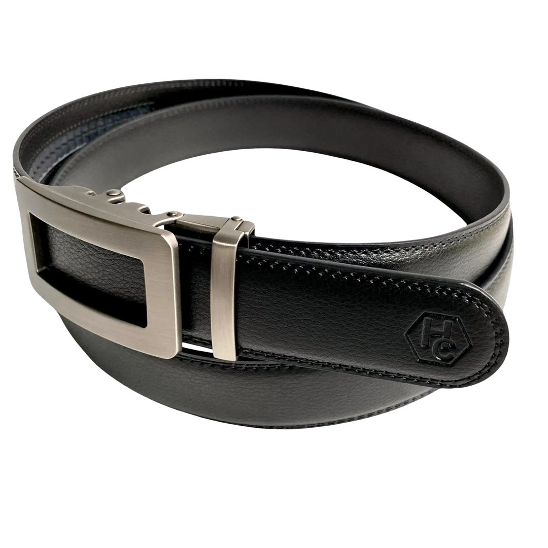Black leather casual ratchet belt, strap texture close-up