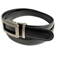 Black leather casual ratchet belt, strap texture close-up