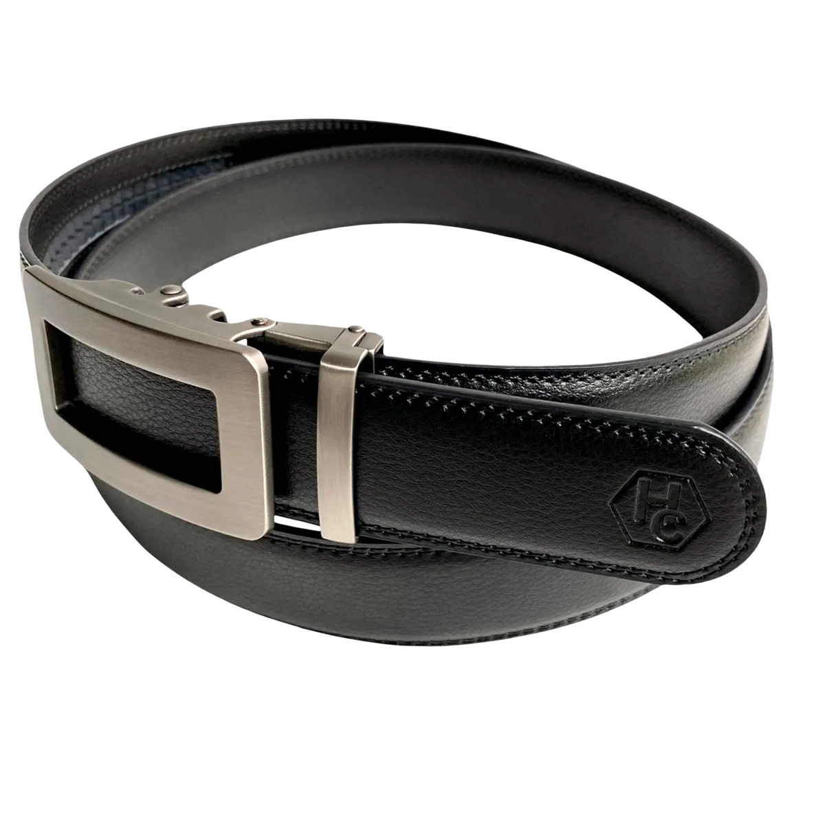 Black leather casual ratchet belt, strap texture close-up