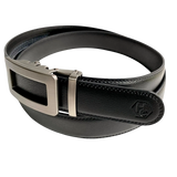 Black leather casual ratchet belt, strap texture close-up
