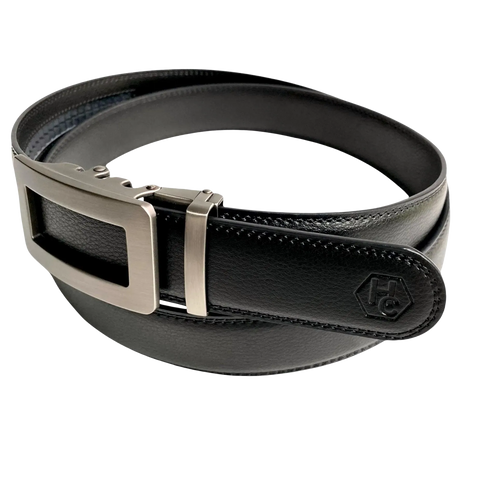 Black leather casual ratchet belt, strap texture close-up