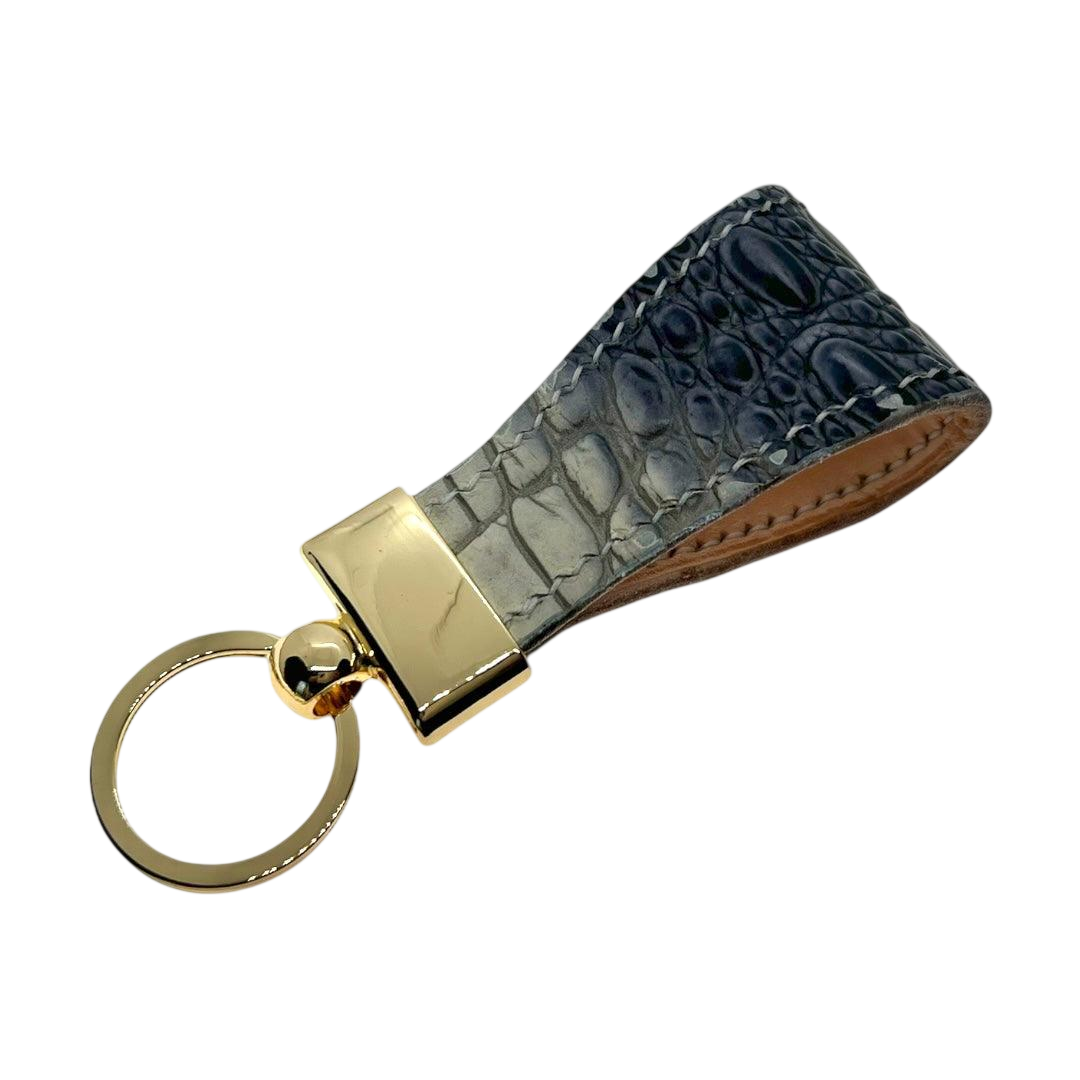 Black leather key chain, full grain leather, angled view