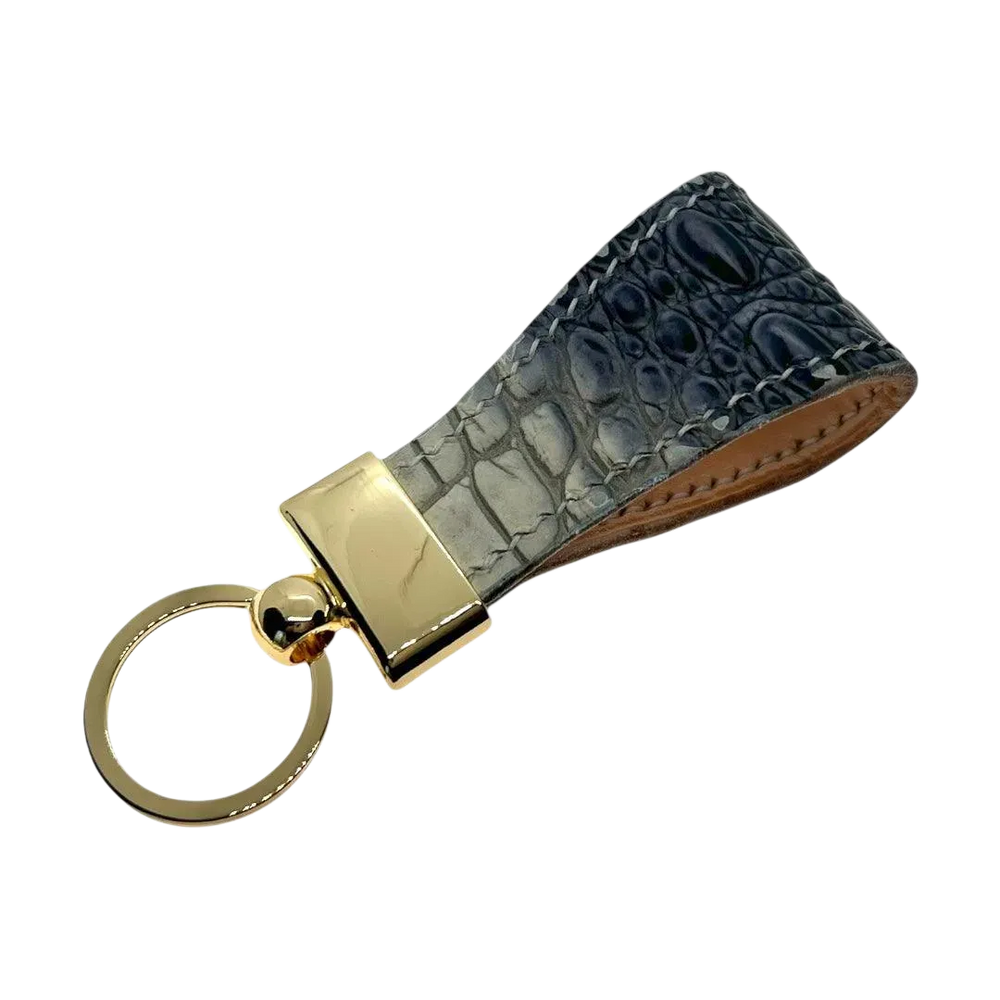 Black leather key chain, full grain leather, angled view