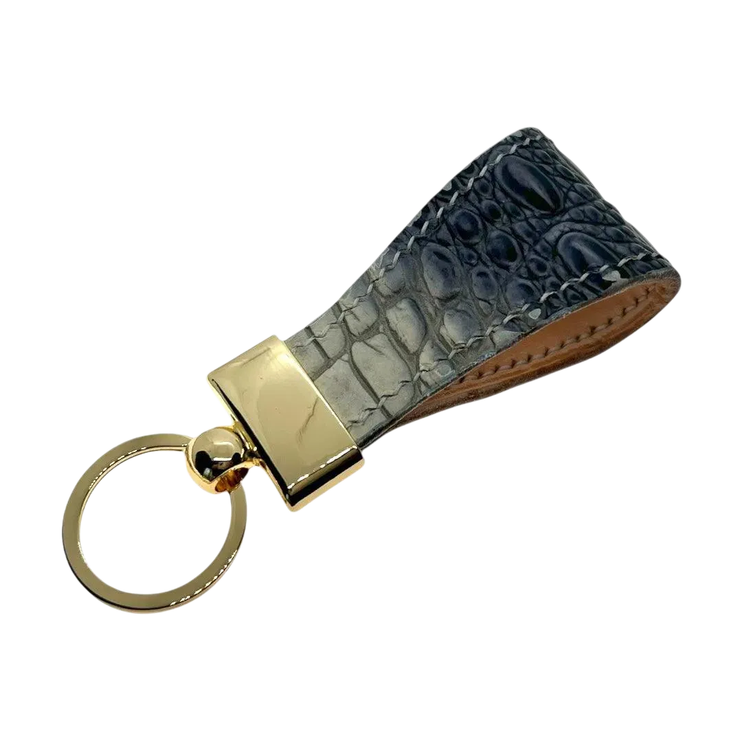Black leather key chain, full grain leather, angled view