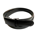 Black leather dress ratchet belt with black plate buckle, buckle detail close-up