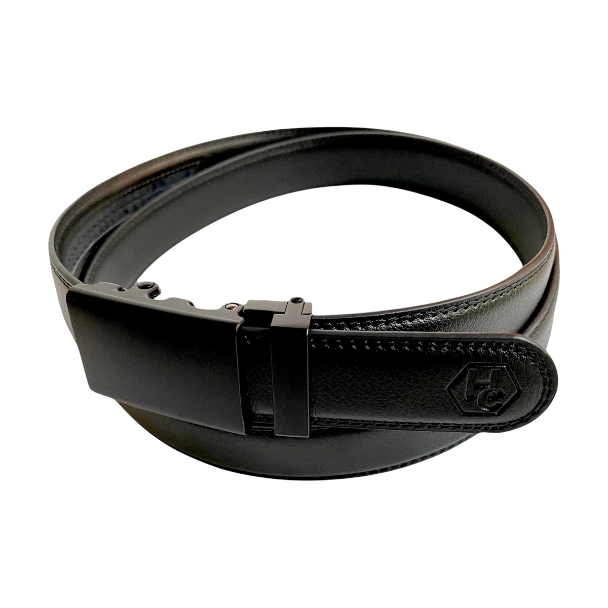 Black leather dress ratchet belt with black plate buckle, buckle detail close-up