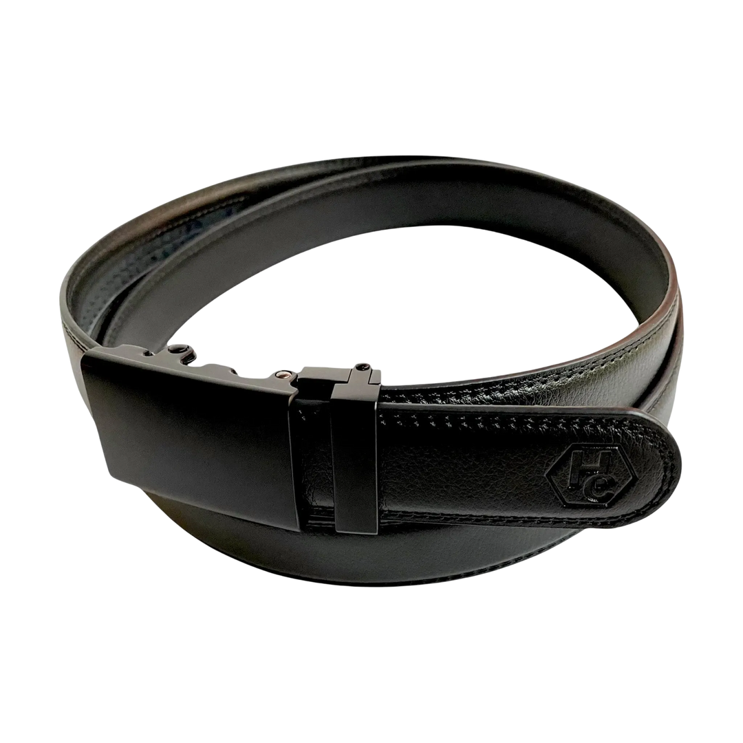 Black leather dress ratchet belt with black plate buckle, buckle detail close-up