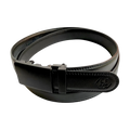 Black leather dress ratchet belt with black plate buckle, buckle detail close-up