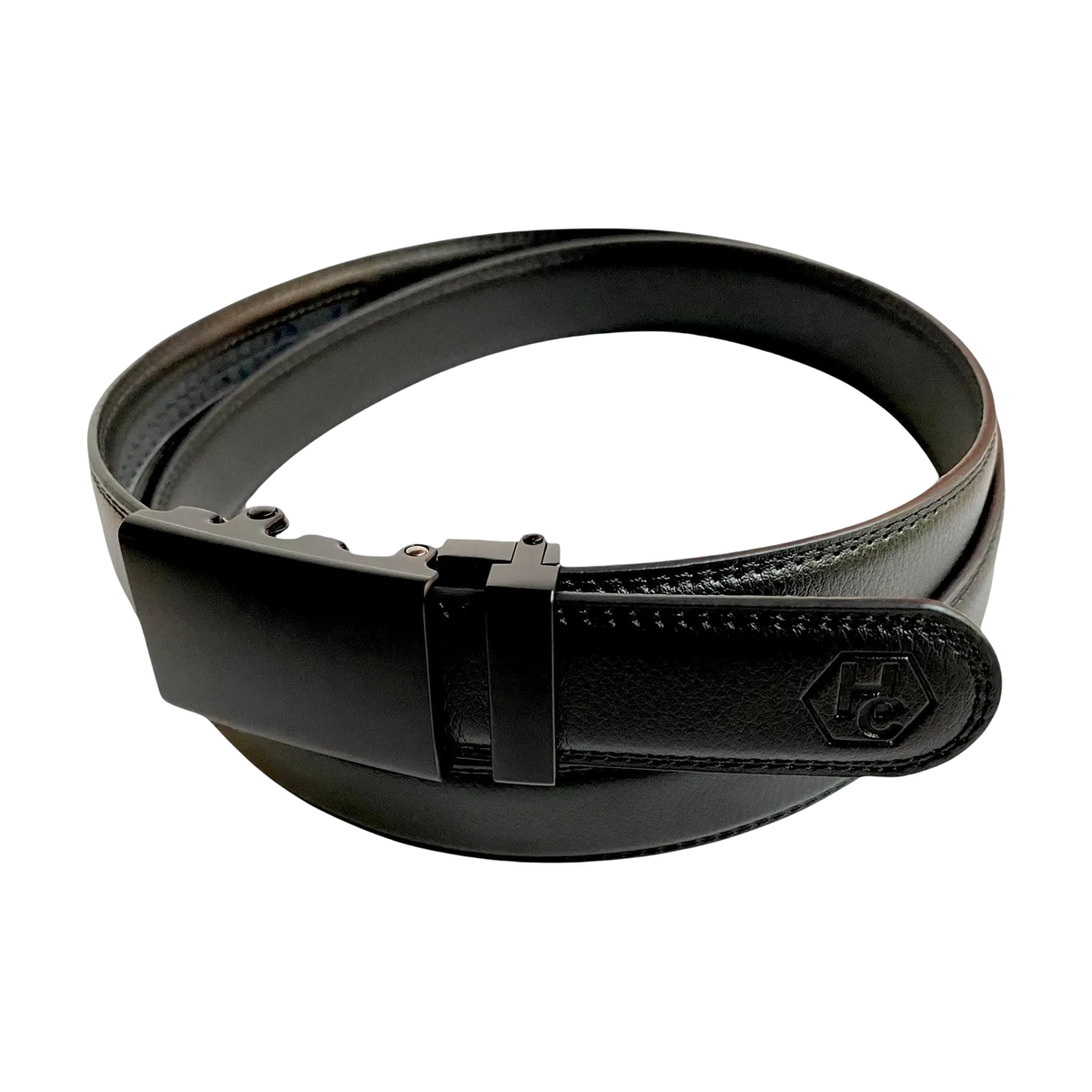 Black leather dress ratchet belt with black plate buckle, buckle detail close-up