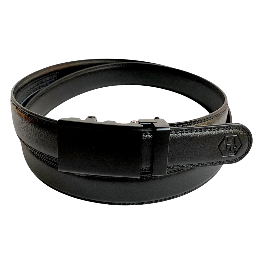 Black leather dress ratchet belt with black plate buckle, 1.15 inch, front view