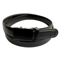 Black leather dress ratchet belt with black plate buckle, 1.15 inch, front view