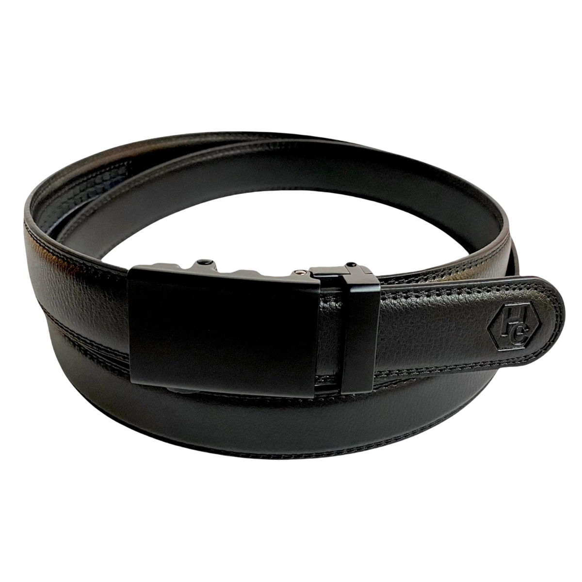 Black leather dress ratchet belt with black plate buckle, 1.15 inch, front view