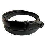 Black leather dress ratchet belt with black plate buckle, 1.15 inch, front view