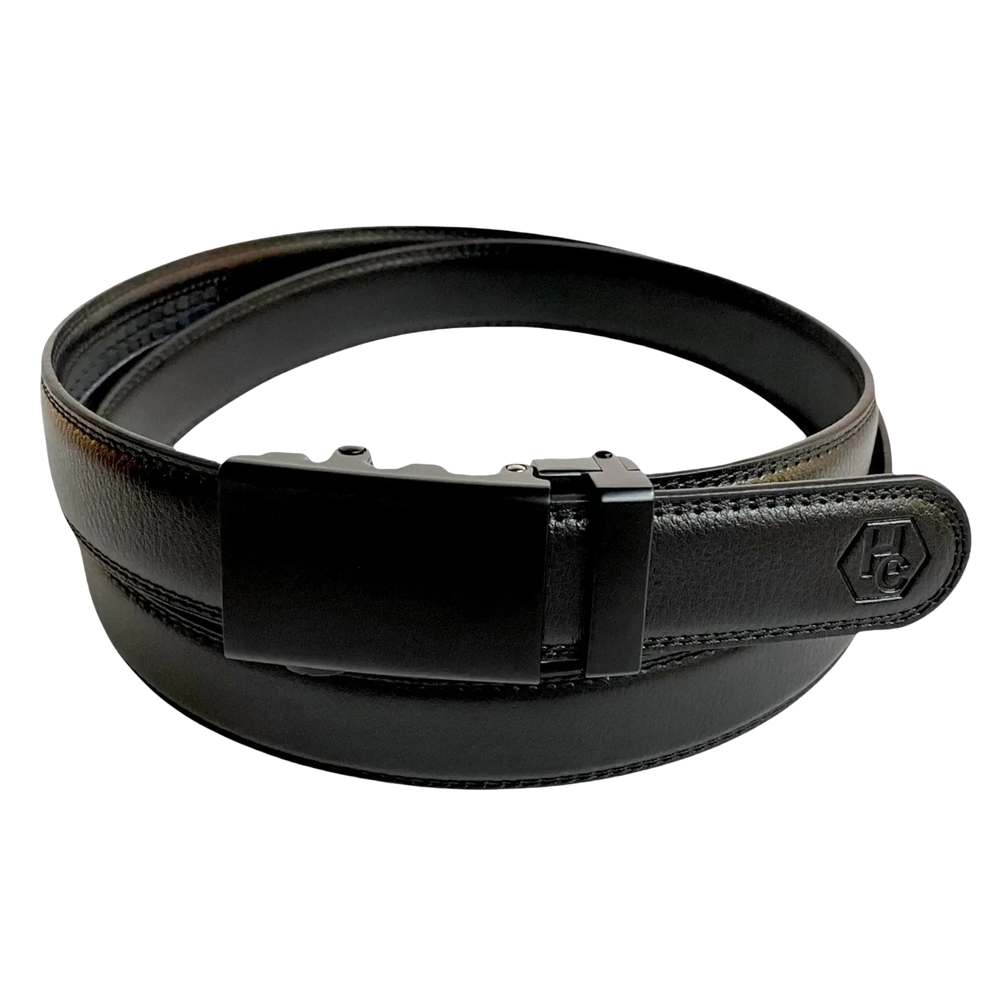Black leather dress ratchet belt with black plate buckle, 1.15 inch, front view