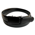 Black leather dress ratchet belt with black plate buckle, 1.15 inch, front view