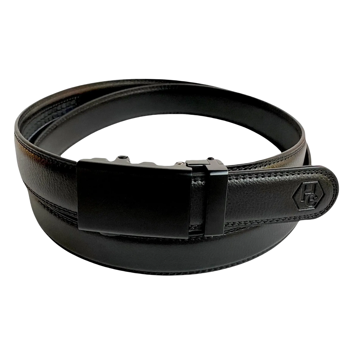 Black leather dress ratchet belt with black plate buckle, 1.15 inch, front view