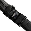 Black leather dress ratchet belt with black plate buckle, hardware close-up