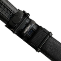 Black leather dress ratchet belt with black plate buckle, hardware close-up