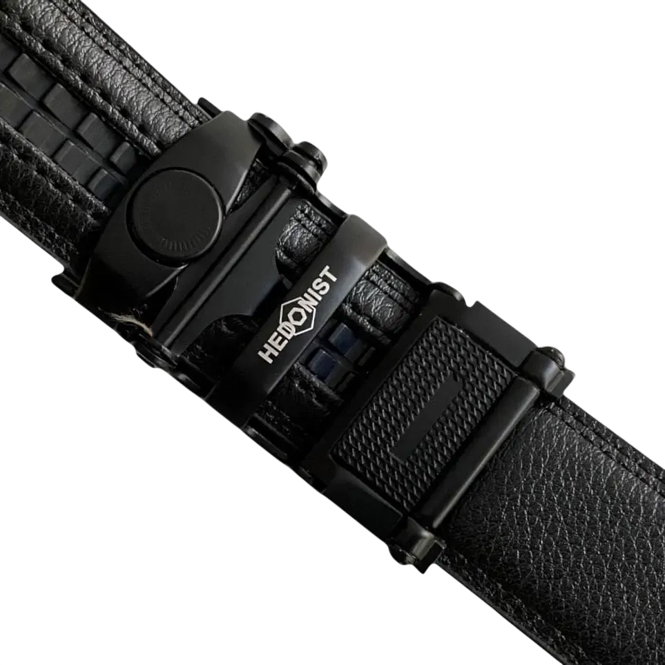 Black leather dress ratchet belt with black plate buckle, hardware close-up