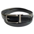 Black leather dress ratchet belt with silver frame buckle, buckle detail close-up