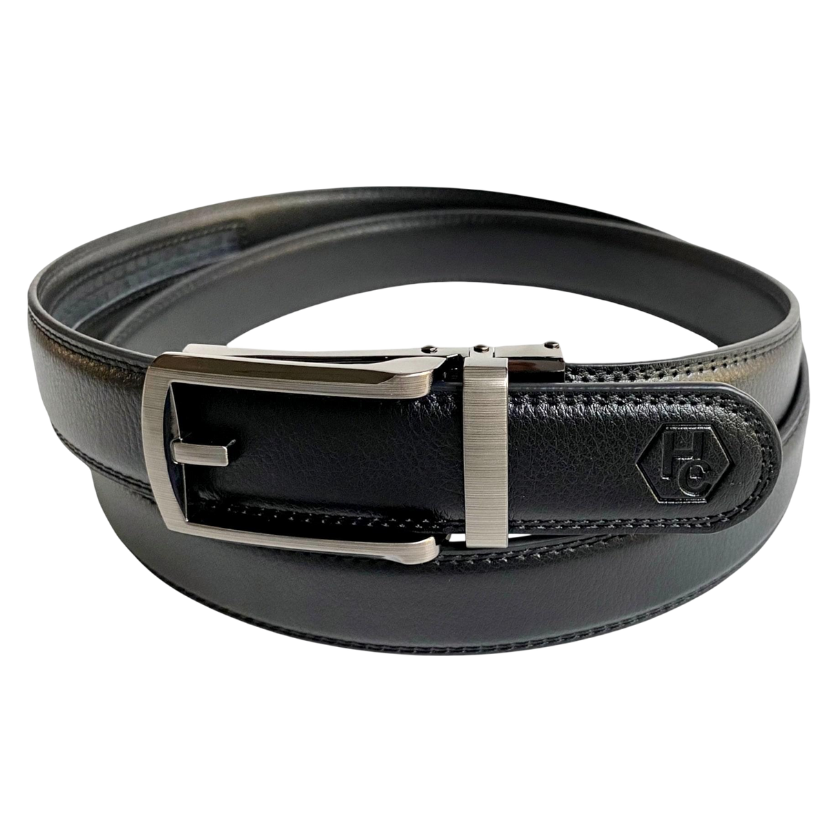 Black leather dress ratchet belt with silver frame buckle, buckle detail close-up