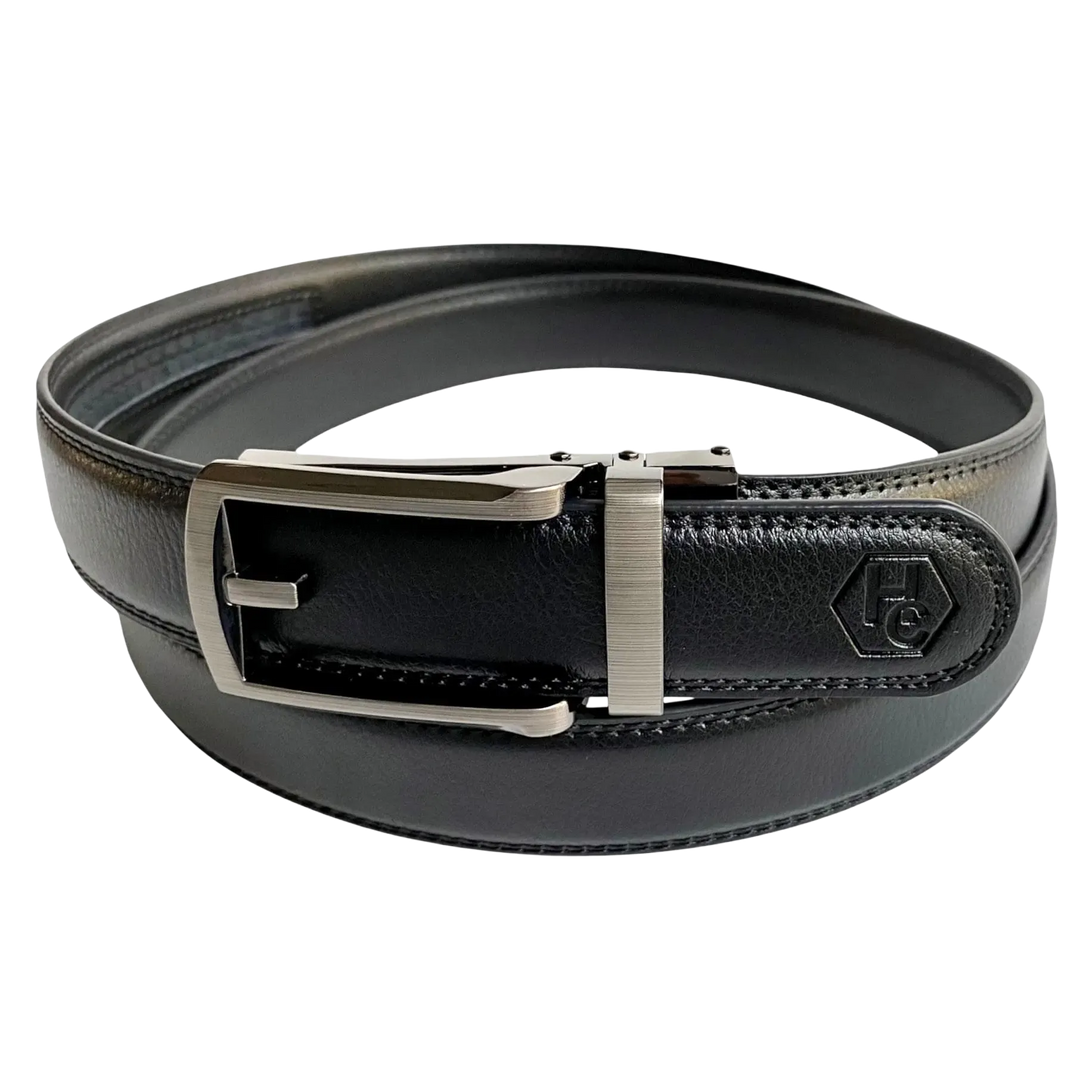 Black leather dress ratchet belt with silver frame buckle, buckle detail close-up
