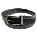 Black leather dress ratchet belt with silver frame buckle, buckle detail close-up