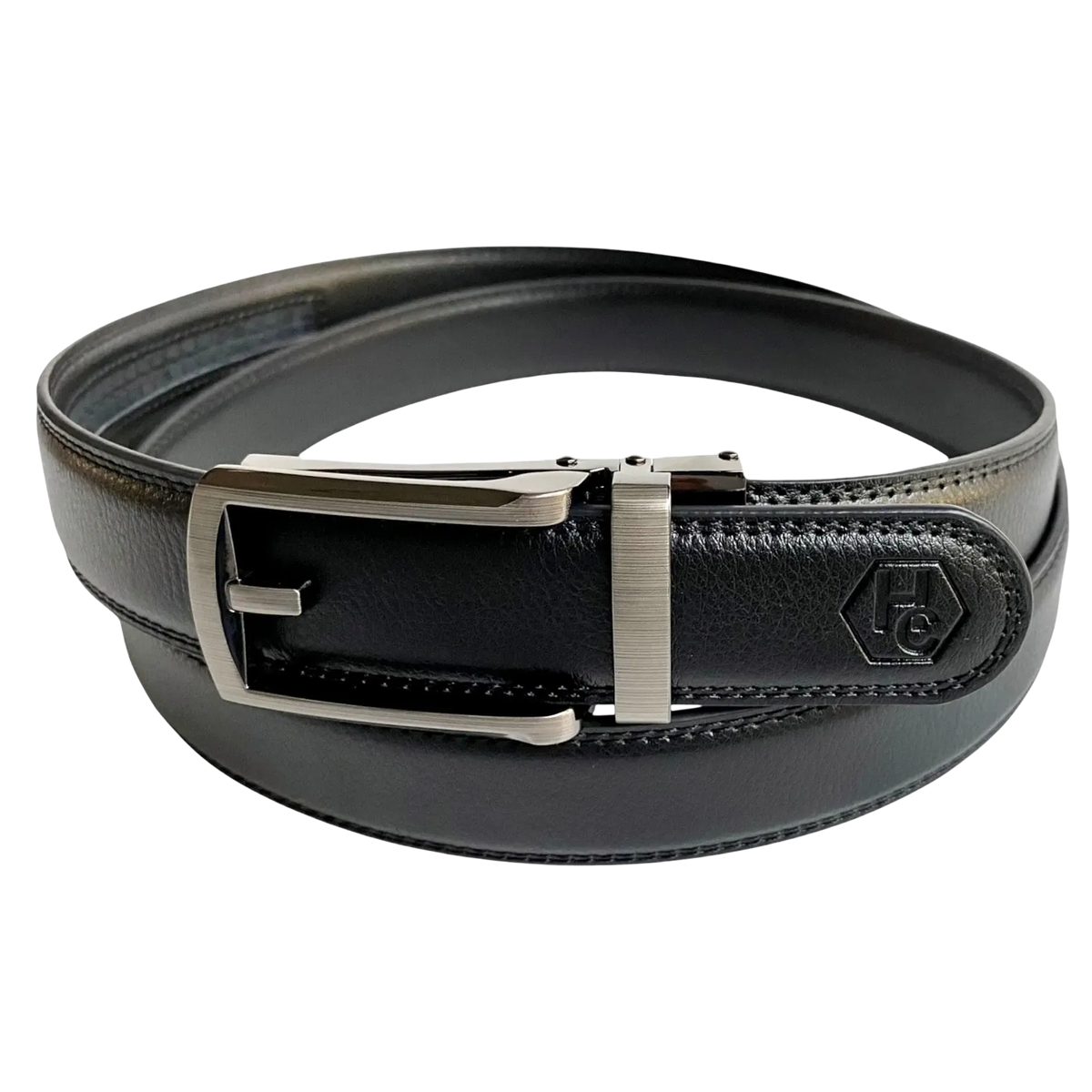 Black leather dress ratchet belt with silver frame buckle, buckle detail close-up