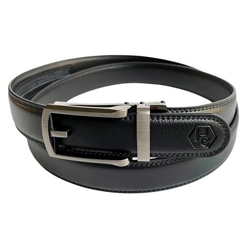 Black leather dress ratchet belt with silver frame buckle, buckle detail close-up
