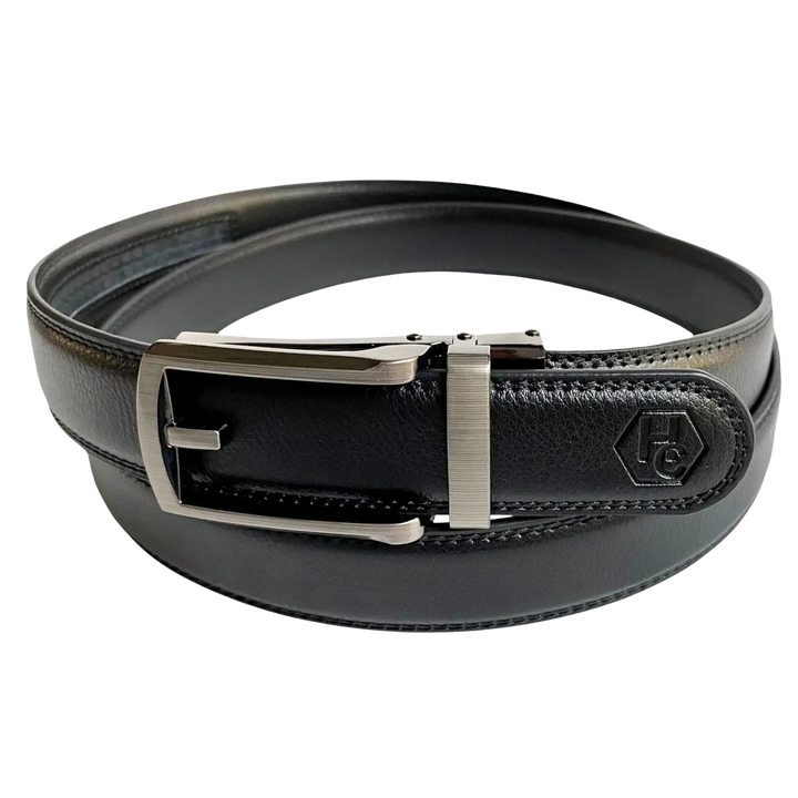 Black leather dress ratchet belt with silver frame buckle, buckle detail close-up