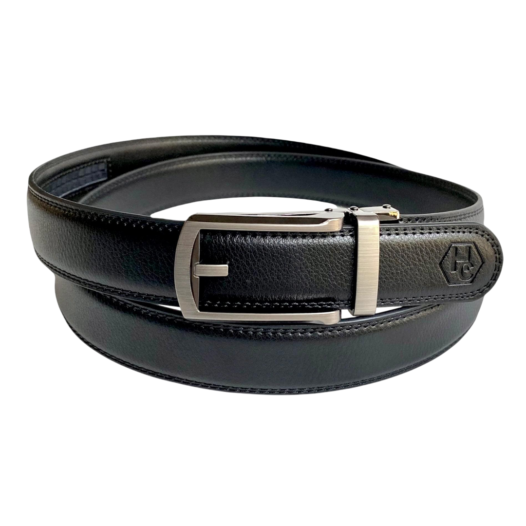 Black leather dress ratchet belt with silver frame buckle, front view
