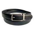 Black leather dress ratchet belt with silver frame buckle, front view