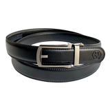 Black leather dress ratchet belt with silver frame buckle, front view