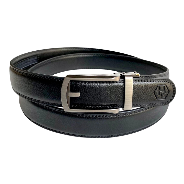 Black leather dress ratchet belt with silver frame buckle, front view