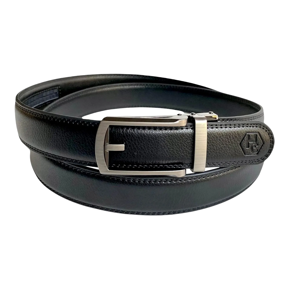 Black leather dress ratchet belt with silver frame buckle, front view