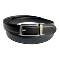 Black leather dress ratchet belt with silver frame buckle, front view