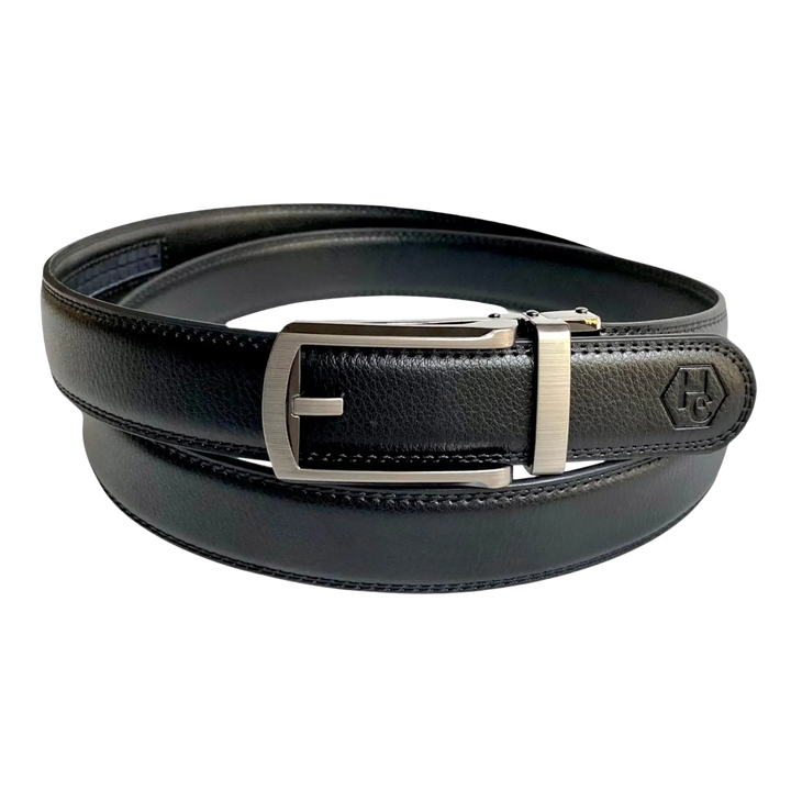 Black leather dress ratchet belt with silver frame buckle, front view