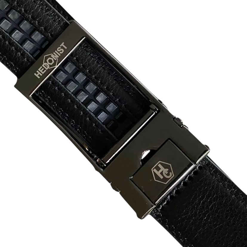 Black leather dress ratchet belt with silver frame buckle, hardware close-up