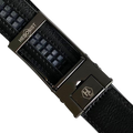 Black leather dress ratchet belt with silver frame buckle, hardware close-up