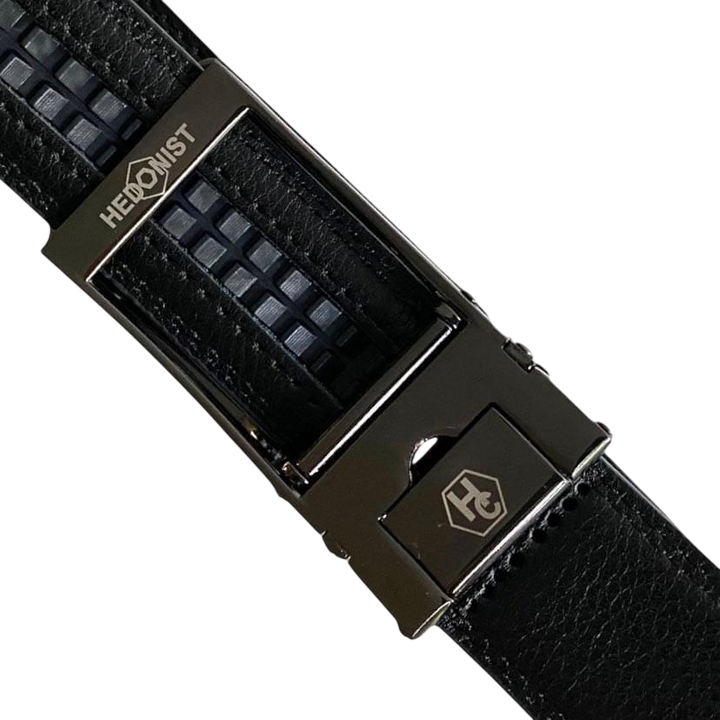 Black leather dress ratchet belt with silver frame buckle, hardware close-up