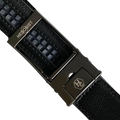 Black leather dress ratchet belt with silver frame buckle, hardware close-up