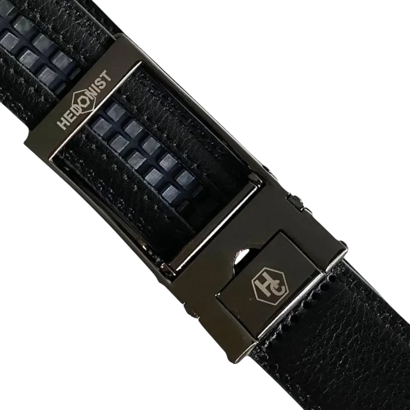 Black leather dress ratchet belt with silver frame buckle, hardware close-up