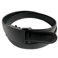 Black leather ratchet belt with black buckle, buckle detail close-up