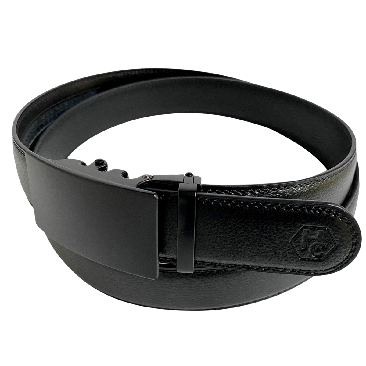 Black leather ratchet belt with black buckle, buckle detail close-up