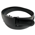 Black leather ratchet belt with black buckle, buckle detail close-up