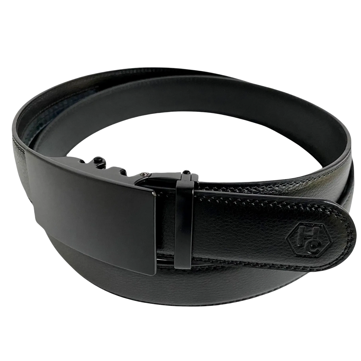 Black leather ratchet belt with black buckle, buckle detail close-up