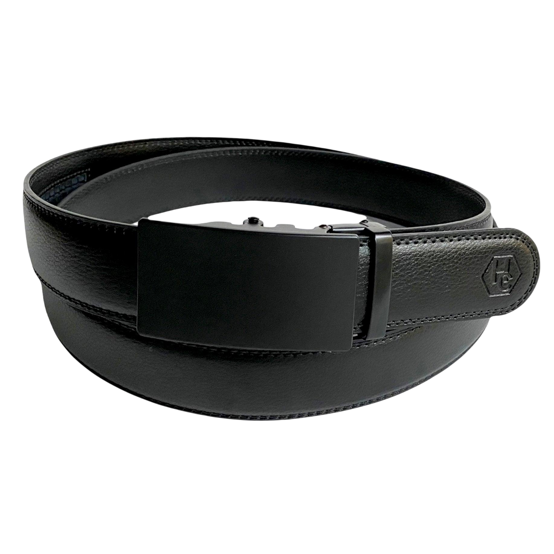 Black leather ratchet belt with black buckle, front view