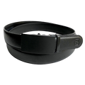 Black leather ratchet belt with black buckle, front view