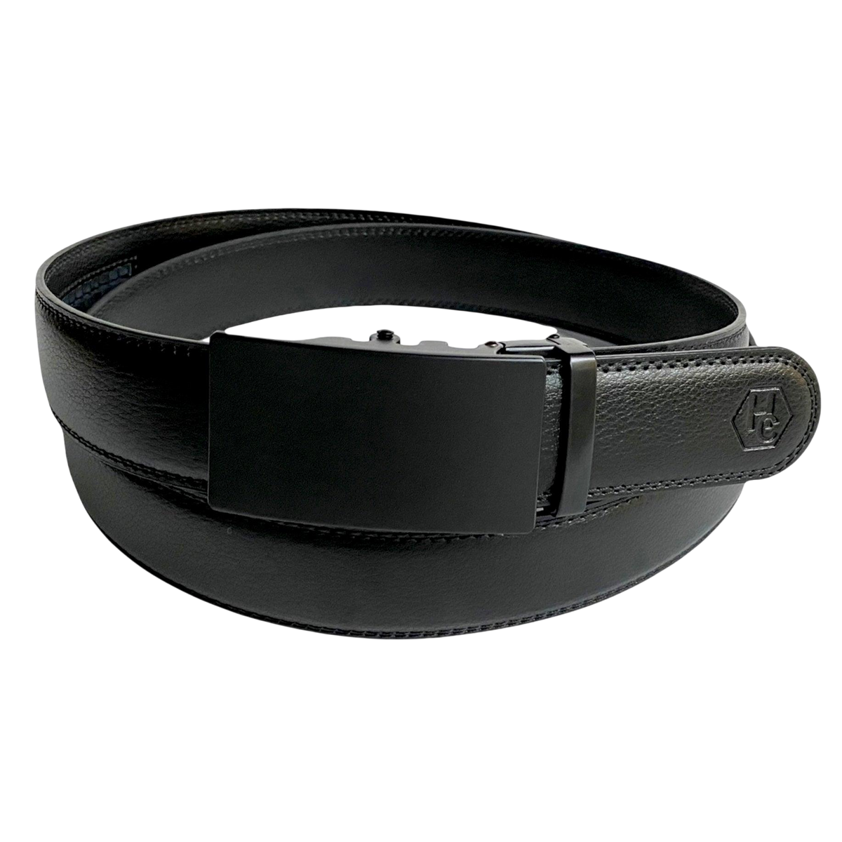 Black leather ratchet belt with black buckle, front view